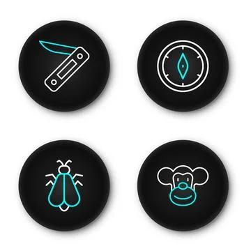 Set line Monkey, Mosquito, Compass and Swiss army knife icon. Vector Illustrazione stock