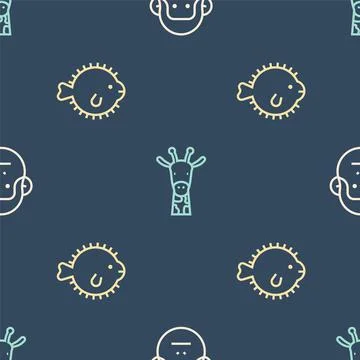 Set line Monkey, Puffer fish and Giraffe head on seamless pattern. Vector Stock Illustration