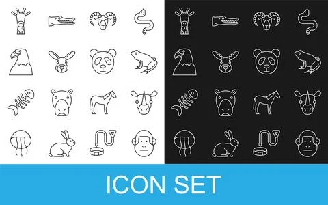 Set line Monkey, Rhinoceros, Frog, Head of goat or ram, Rabbit head, Eagle,.. Stock Illustration