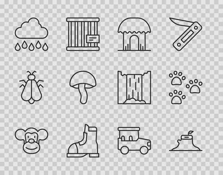 Set line Monkey, Tree stump, African hut, Hunter boots, Cloud with rain, Mu.. Stock Illustration