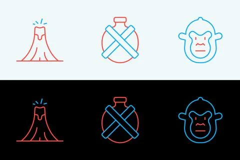 Set line Monkey, Volcano eruption and Canteen water bottle icon. Vector Stock Illustration