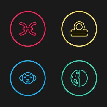 Set line Monkey zodiac, Eclipse of the sun, Libra and Pisces icon. Vector イラスト素材
