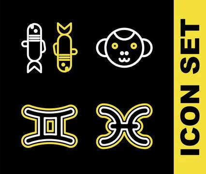 Set line Monkey zodiac, Pisces, Gemini and  icon. Vector Stock Illustration