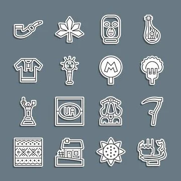 Set line Monument to founders of Kiev, Scythe, Dumplings fork, Thief mask, .. Stock Illustration