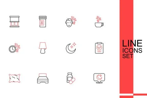 Set line Moon and stars, Sleeping pill, Big bed, Pillow, Medical prescripti.. Stock Illustration