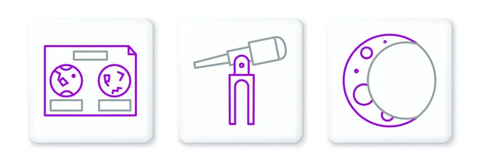 Set line Moon, Celestial map of the night sky and Telescope icon. Vector Stock Illustration