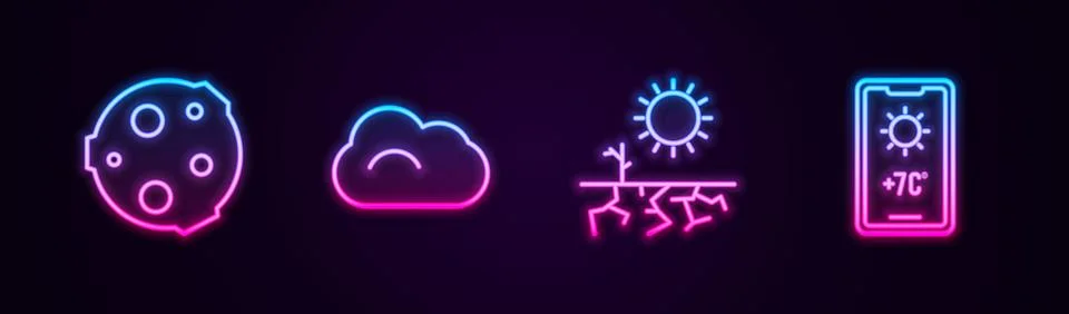 Set line Moon, Cloud, Drought and Weather forecast. Glowing neon icon. Vector Stock Illustration