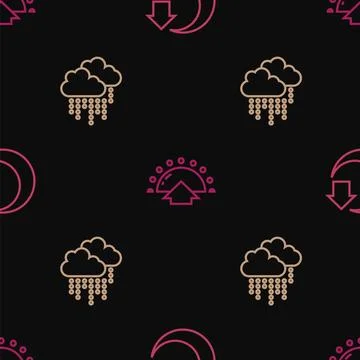 Set line Moon, Cloud with rain and Sunrise on seamless pattern. Vector Stock Illustration