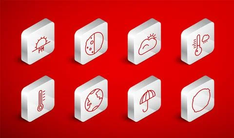 Set line Moon, Eclipse of the sun, Sun and cloud, Meteorology thermometer Ilustração Stock