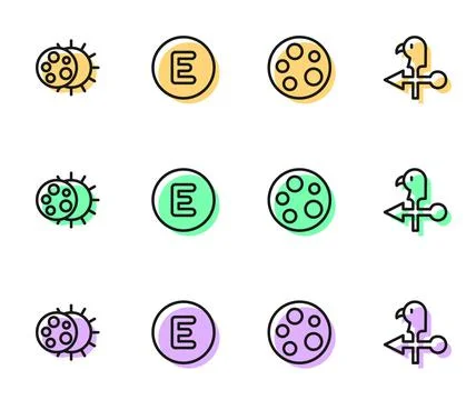 Set line Moon, Eclipse of the sun, Compass west and Rooster weather vane icon Ilustração Stock