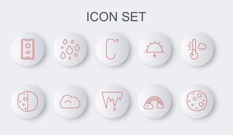 Set line Moon, Eclipse of the sun, Celsius, Rainbow with clouds, Weather Ilustração Stock