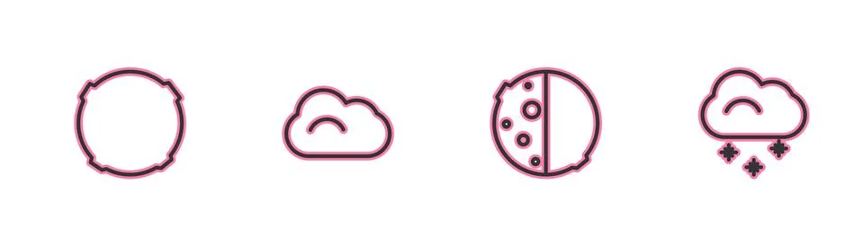 Set line Moon, Eclipse of the sun, Cloud and with snow icon. Vector Illustrazione stock