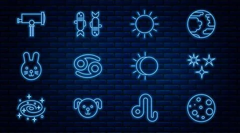 Set line Moon, Falling star, Sun, Cancer zodiac, Rabbit, Telescope, Eclipse of Ilustração Stock