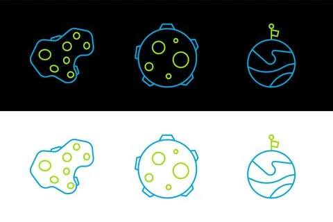 Set line Moon with flag, Asteroid and UFO abducts cow icon. Vector Illustrazione stock