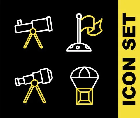 Set line Moon with flag, Box flying parachute, Telescope and icon. Vector 스톡 일러스트