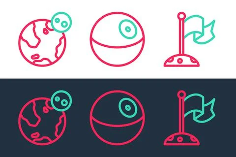 Set line Moon with flag, Earth globe and Planet icon. Vector Ilustração Stock