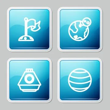 Set line Moon with flag, Earth globe, Space capsule and Planet icon. Vector Stock Illustration