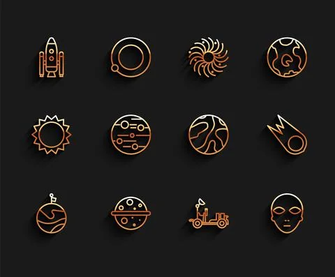 Set line Moon with flag, Planet Venus, Space shuttle and rockets, Mars rover Ilustração Stock