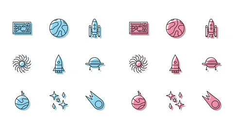 Set line Moon with flag, Planet, Futuristic hud interface, Comet falling do.. Stock Illustration