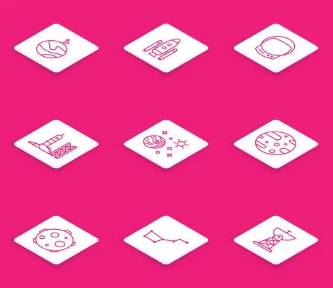 Set line Moon with flag, Space shuttle and rockets, Astronaut helmet, Rocket Ilustração Stock