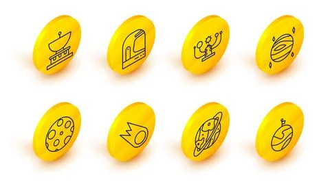 Set line Moon with flag, Space capsule and parachute, Comet falling down fa.. Stock Illustration