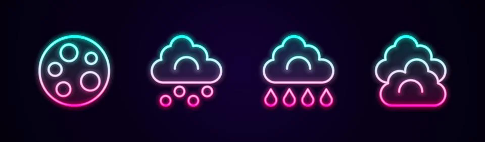 Set line Moon, Hail cloud, Cloud with rain and . Glowing neon icon. Vector Illustrazione stock