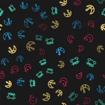 Set line Moon icon, Cloud, and and stars on seamless pattern. Vector Illustrazione stock