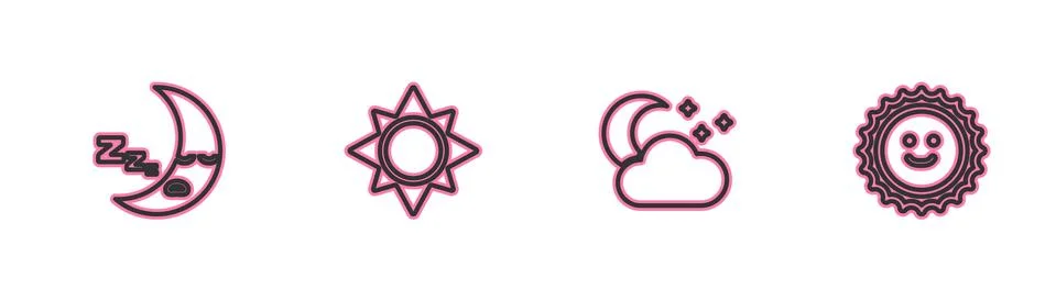 Set line Moon icon, Cloud with moon and stars, Sun and icon. Vector Ilustração Stock