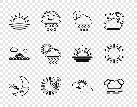 Set line Moon icon, Cloud, with rain and moon, Eclipse of the sun, Sunset, cloud Stock Illustration