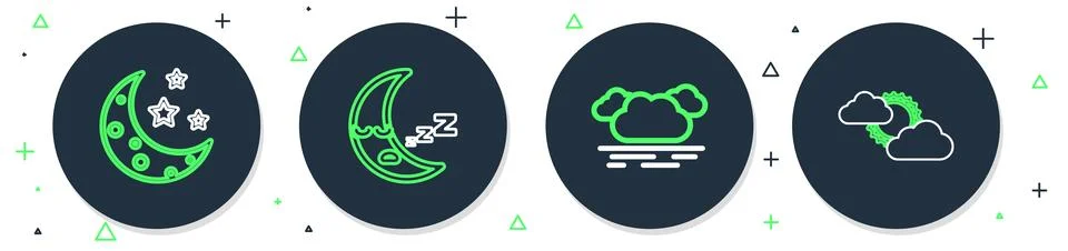 Set line Moon icon, Cloud, and stars and Sun cloud weather icon. Vector Illustrazione stock