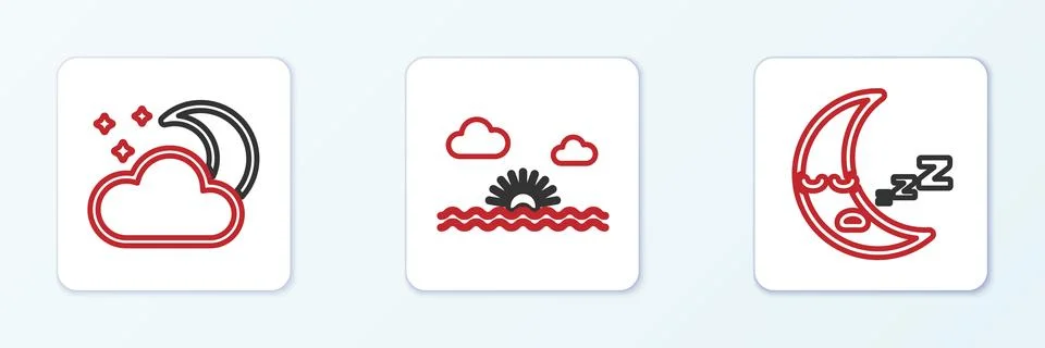 Set line Moon icon, Cloud with moon and stars and Sunset icon. Vector 스톡 일러스트