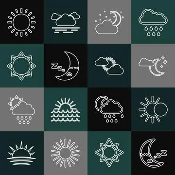 Set line Moon icon, Eclipse of the sun, Cloud with moon and stars, Sun, and 스톡 일러스트