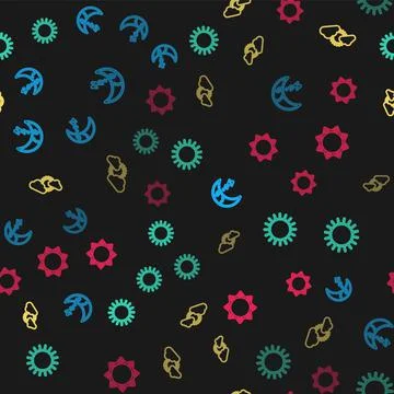 Set line Moon icon, Sun, and cloud weather and on seamless pattern. Vector Illustrazione stock