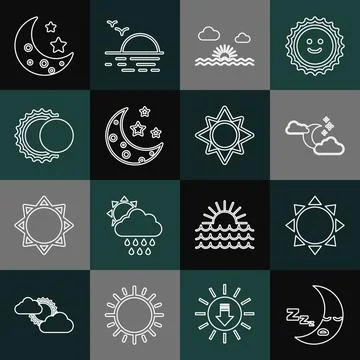 Set line Moon icon, Sun, Cloud with moon and stars, Sunset, Eclipse of the .. Illustrazione stock