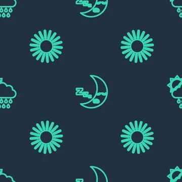 Set line Moon icon, Sun and Cloud with rain and sun on seamless pattern. Vect Stock Illustration