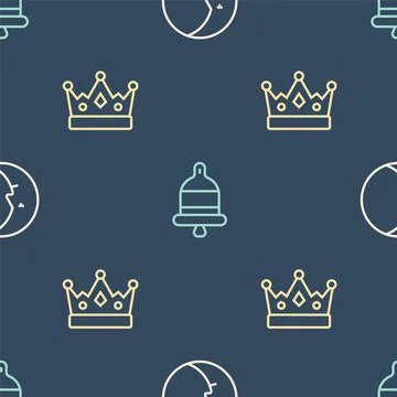Set line Moon, King crown and Ringing alarm bell on seamless pattern. Vector イラスト素材