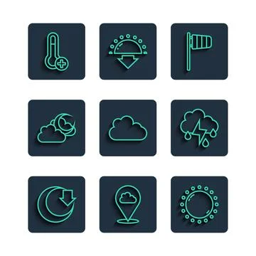 Set line Moon, Location cloud, Sun, Cone windsock wind vane, Cloud, with moon Illustrazione stock