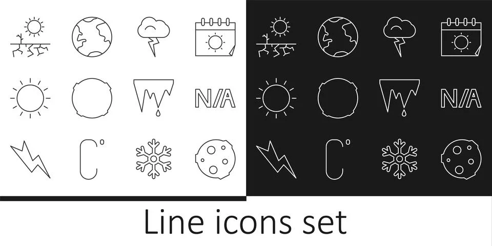 Set line Moon, Not applicable, Storm, Sun, Drought, Icicle and Earth globe ic Ilustração Stock