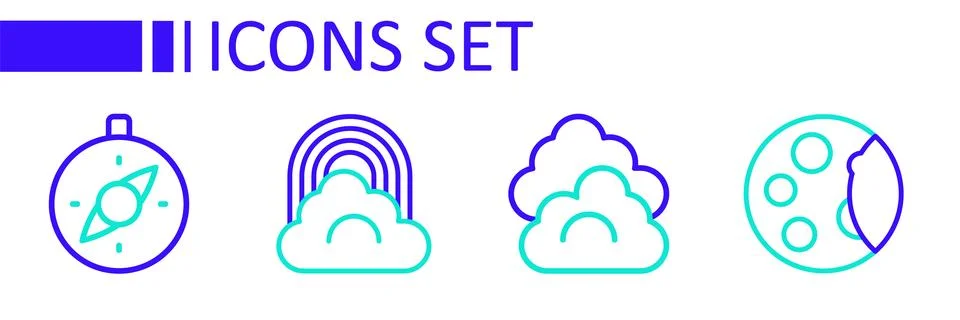 Set line Moon phases, Cloud, Rainbow with cloud and Compass icon. Vector Stock Illustration