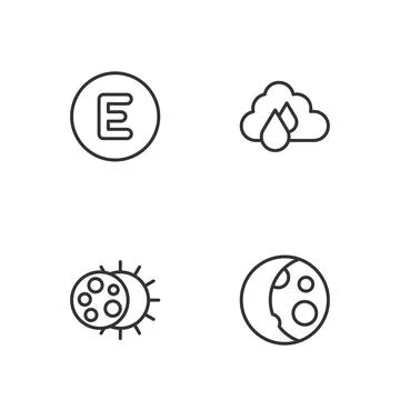 Set line Moon phases, Eclipse of the sun, Compass west and Cloud with rain ic Ilustração Stock