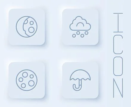 Set line Moon phases, Hail cloud, and Umbrella. White square button. Vector Illustrazione stock