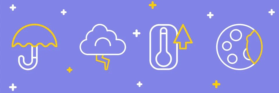 Set line Moon phases, Thermometer, Cloud and lightning and Umbrella icon. V.. Illustration