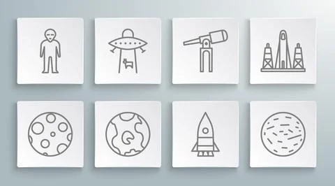 Set line Moon, Planet, Earth globe, Rocket ship, Mars, Telescope, launch fr.. Stock Illustration