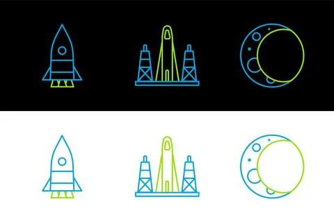 Set line Moon, Rocket ship and launch from the spaceport icon. Vector Illustrazione stock
