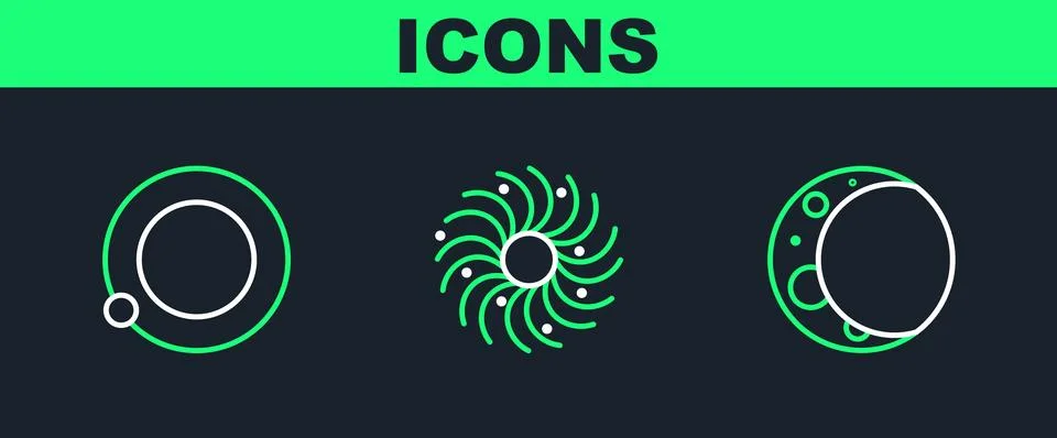 Set line Moon, Satellites orbiting the planet Earth and Black hole icon. Vect Stock Illustration