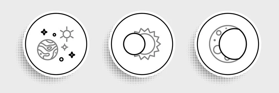 Set line Moon, Space and planet and Eclipse of the sun icon. Vector Ilustración de archivo