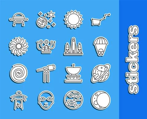 Set line Moon, Space capsule and parachute, Planet Saturn, Sun, Solar system Stock Illustration