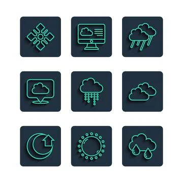 Set line Moon, Sun, Cloud with rain, Location cloud, Snowflake and icon. Vector Stock Illustration