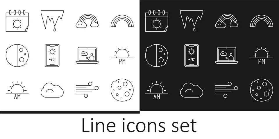 Set line Moon, Sunset, Rainbow with clouds, Weather forecast, Eclipse of su.. Ilustração Stock