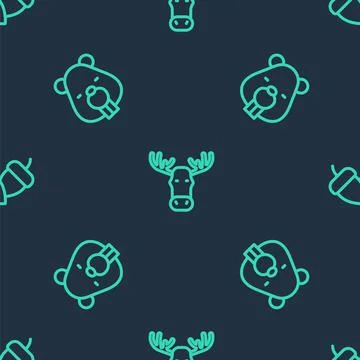 Set line Moose head with horns, Beaver animal and Acorn on seamless pattern Stock Illustration
